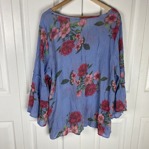Zac & Rachel 2X Blouse Tunic Top V-Neck Floral Blue Stripe Ruffle Flare Boho - Picture 2 of 5